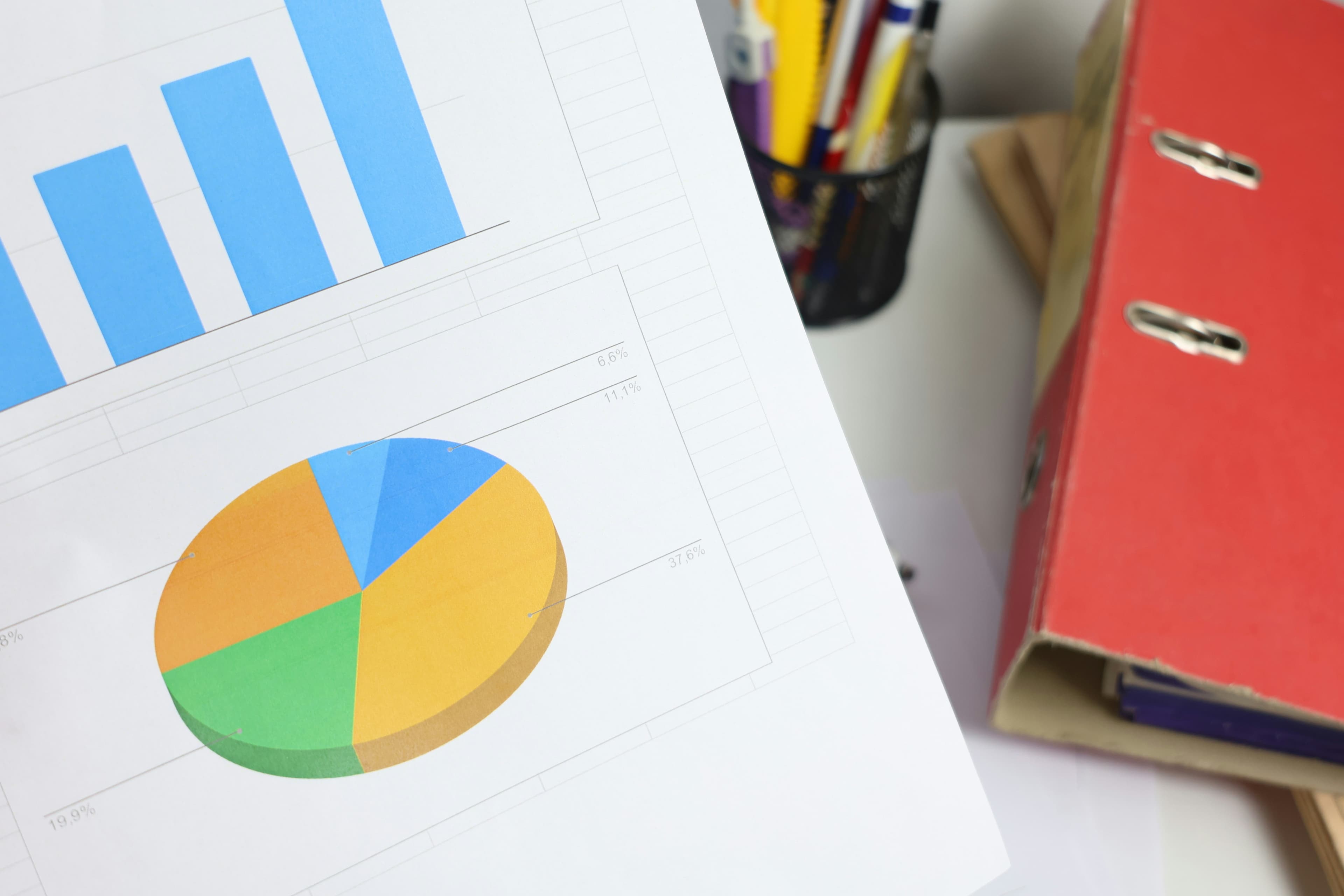 Printed bar and pie charts on a desk